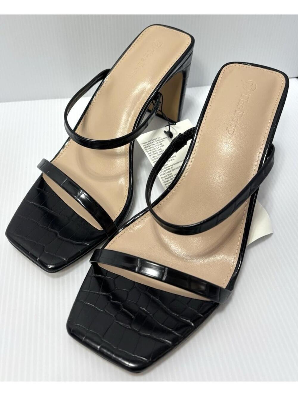 The Drop Women’s Avery Black Two-Strap High Heel Sandals – Square Toe, Size 9 US